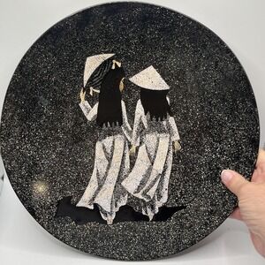 Asian Inspired Decorative Serving Platter Bowl Melamine 2 Girls Black White Gray